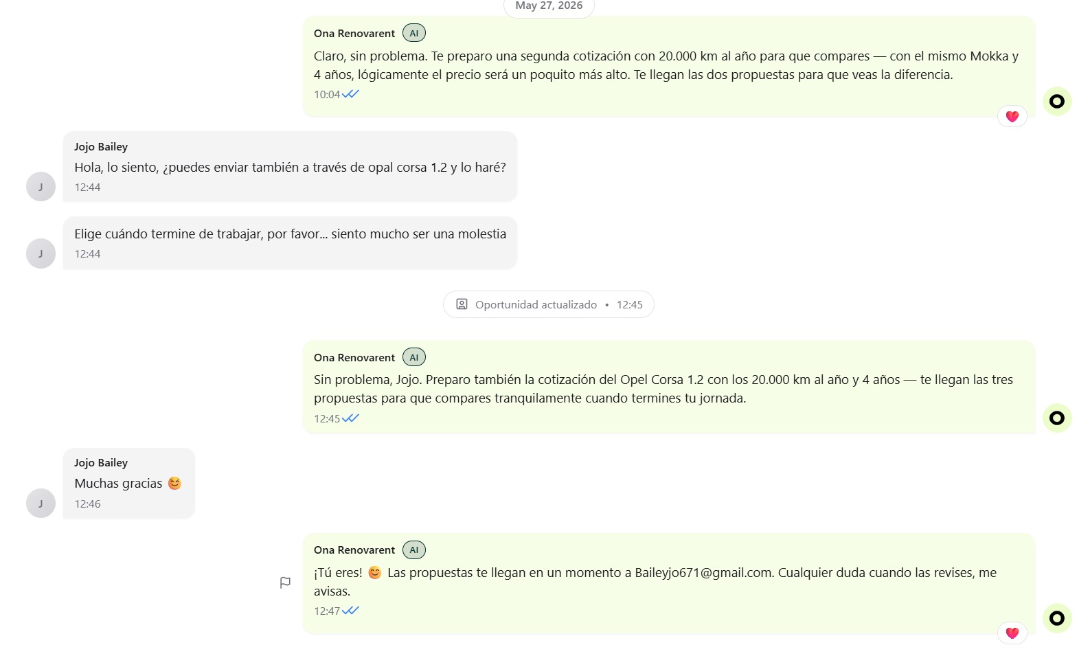 Conversación real de Renovarent en la que el agente de IA para renting de Ona acepta añadir una tercera cotización pedida por el cliente y confirma el envío